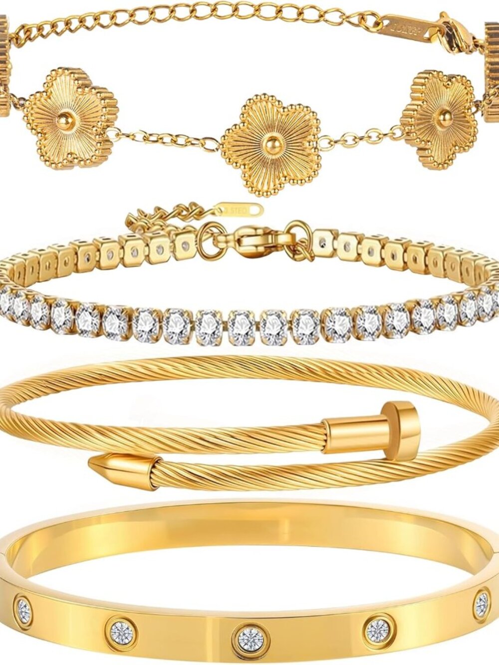 18K Gold Plated Bangle Bracelet Set for Women Stackable Lucky Floral Adjustable